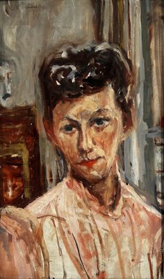 an oil painting of a woman sitting in a chair in front of a mirror