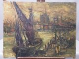 un tableau posé sur un chevalet représentant des bateaux sur l'eau
