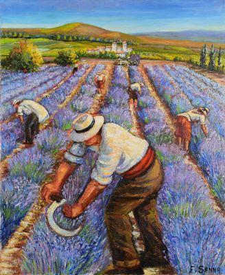 un tableau représentant des personnes travaillant dans un champ de lavande