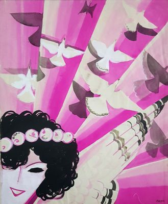 painting of a woman with a bunch of birds in her hair