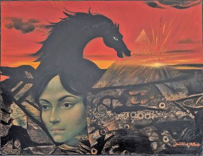 tableau représentant une femme et un cheval dans un champ, avec un coucher de soleil en arrière-plan