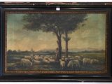 a painting of a man standing in front of a tree with a flock of sheep