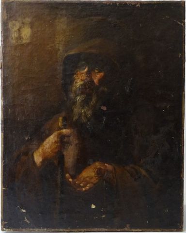 École 17ème « le mendiant ». Huile sur toile. Inscription en haut...