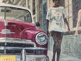 a painting of a man and a woman standing next to a red car