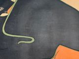 a picture of a painting of a black bird with orange feet