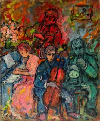 an oil painting of a group of people sitting around a table