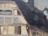painting of an old building with a horse standing in front of it