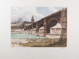 a picture of a painting of a bridge over a river