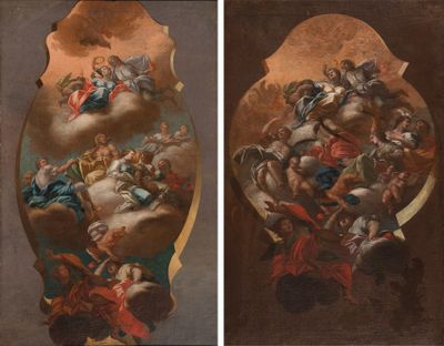 deux tableaux représentant un tableau où figure un groupe de personnes sur un nuage