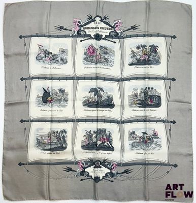 une photo d'un foulard en soie vintage représentant des personnes sur un bateau