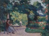 painting of a woman sitting at a table in a garden
