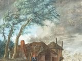 a painting of a farm scene with sheep and people