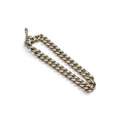 a silver chain bracelet with a clasp on a white background