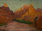 une image représentant un tableau représentant une scène désertique avec des montagnes en arrière-plan