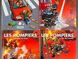 four books on the cover of a comic book, with a fire truck in the background