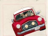 un dessin représentant une voiture rouge avec un homme et une femme à l'intérieur