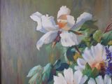 a painting of white flowers in a vase on a table