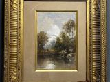 a painting of a river scene with a bridge in the foreground