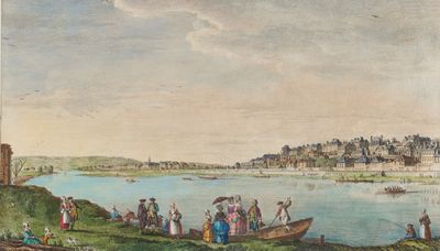 tableau représentant une vue sur une rivière avec des bateaux et des personnes sur la rive