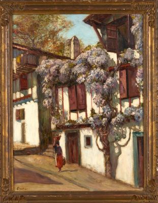 an image of a painting of a woman walking down a street