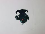 an image of a painting of a black bird with red eyes