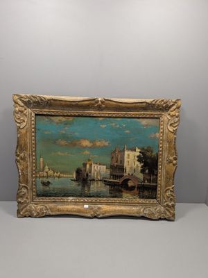 an oil painting of a view of a city with a bridge in the foreground
