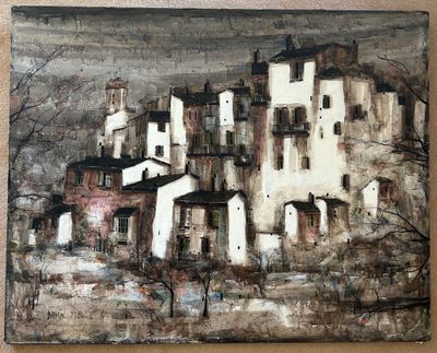 an oil painting of a village with a clock tower in the middle of it