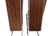 pair of wooden speakers on metal stands against a white background
