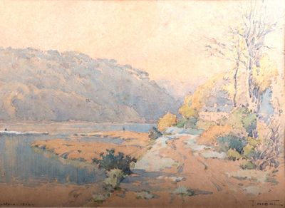 l'image d'un tableau représentant un paysage avec une rivière au premier plan