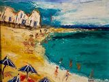 tableau représentant une scène de plage avec des parasols et des personnes sur la plage