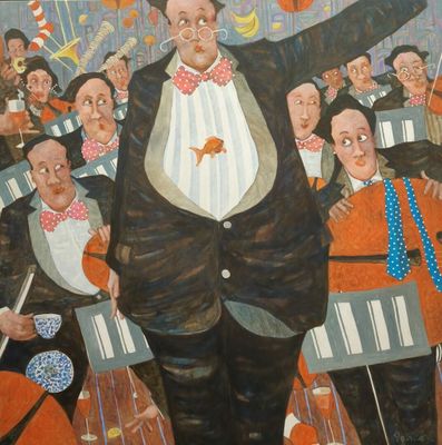 un tableau représentant un homme en smoking entouré d'autres hommes