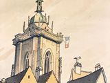 a drawing of a building with a clock tower on top of it
