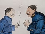 a drawing of a man and a man smoking a cigarette
