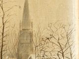 painting of a winter scene with a church in the distance and people walking in the foreground