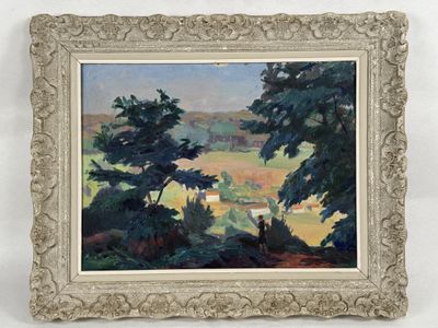 an image of a painting of a landscape with trees in the foreground