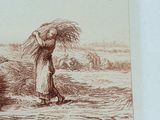 a drawing of a woman carrying a bundle of hay