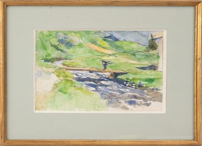 aquarelle encadrée représentant un homme en train de pêcher au bord d'une rivière