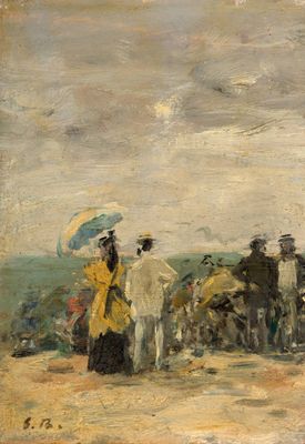 tableau représentant un groupe de personnes sur une plage, avec un parasol