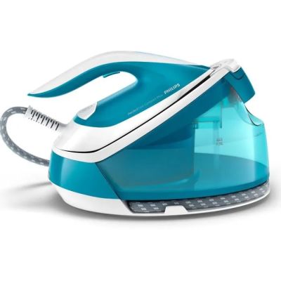 a close up of a blue and white steam iron on a white surface