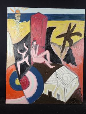 painting of a painting of a woman sitting on a table next to a painting of a man