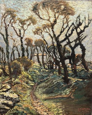 une peinture à l'huile représentant un chemin de terre avec des arbres en arrière-plan
