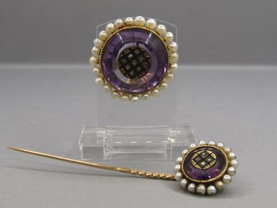 purple and gold broochi with pearls and a gold broochi pin