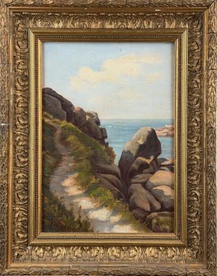 an oil painting of rocks and water on a rocky shore