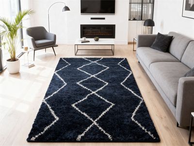 Lot DE 7 Tapis Poils Longs 150x200cm Bleu Fonce Polyester