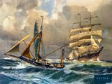 painting of a sailing ship in rough seas with other ships in the background