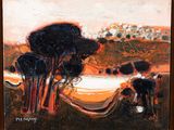 une peinture à l'huile représentant des vaches paissant dans un champ près d'un plan d'eau
