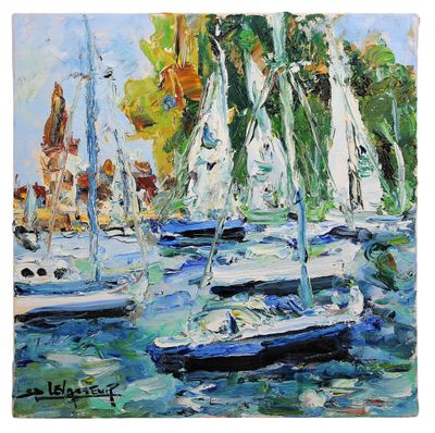 tableau représentant des voiliers dans un port, avec des palmiers en arrière-plan