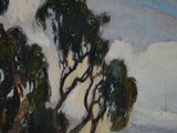 a painting of some trees in a field by the water