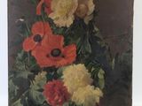 tableau représentant des fleurs rouges, jaunes et blanches dans un vase posé sur une table