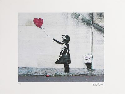 un tableau représentant une petite fille tenant un ballon rouge
